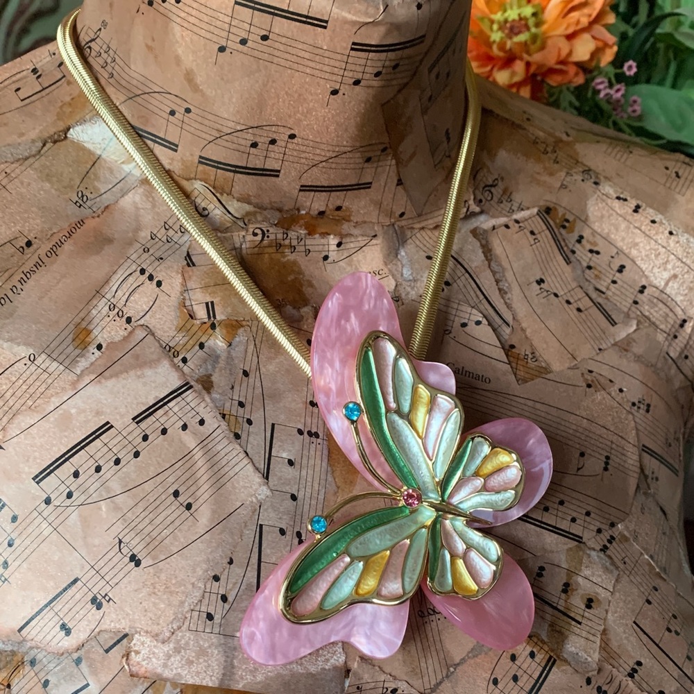 Gold Pink Butterfly Necklace & Earrings Jewelry Set